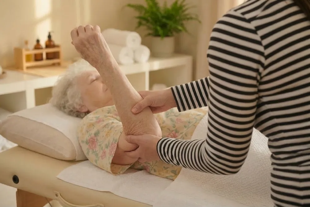 Vanha nainen OmaJumpparin hierontapöydällä klassisessa hieronnassa.